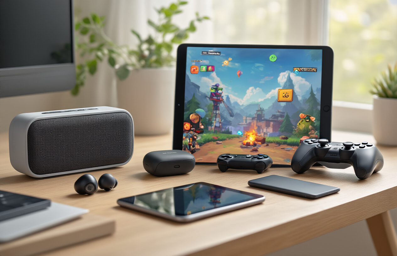 Create a realistic image of a collection of affordable entertainment tech gadgets arranged on a modern wooden desk including wireless earbuds, a portable Bluetooth speaker, a smartphone, a tablet displaying a colorful game interface, and a gaming controller, with soft natural lighting from a nearby window creating gentle shadows, warm and inviting atmosphere suggesting enjoyment and leisure time, clean minimalist background with subtle tech accessories, absolutely NO text should be in the scene.