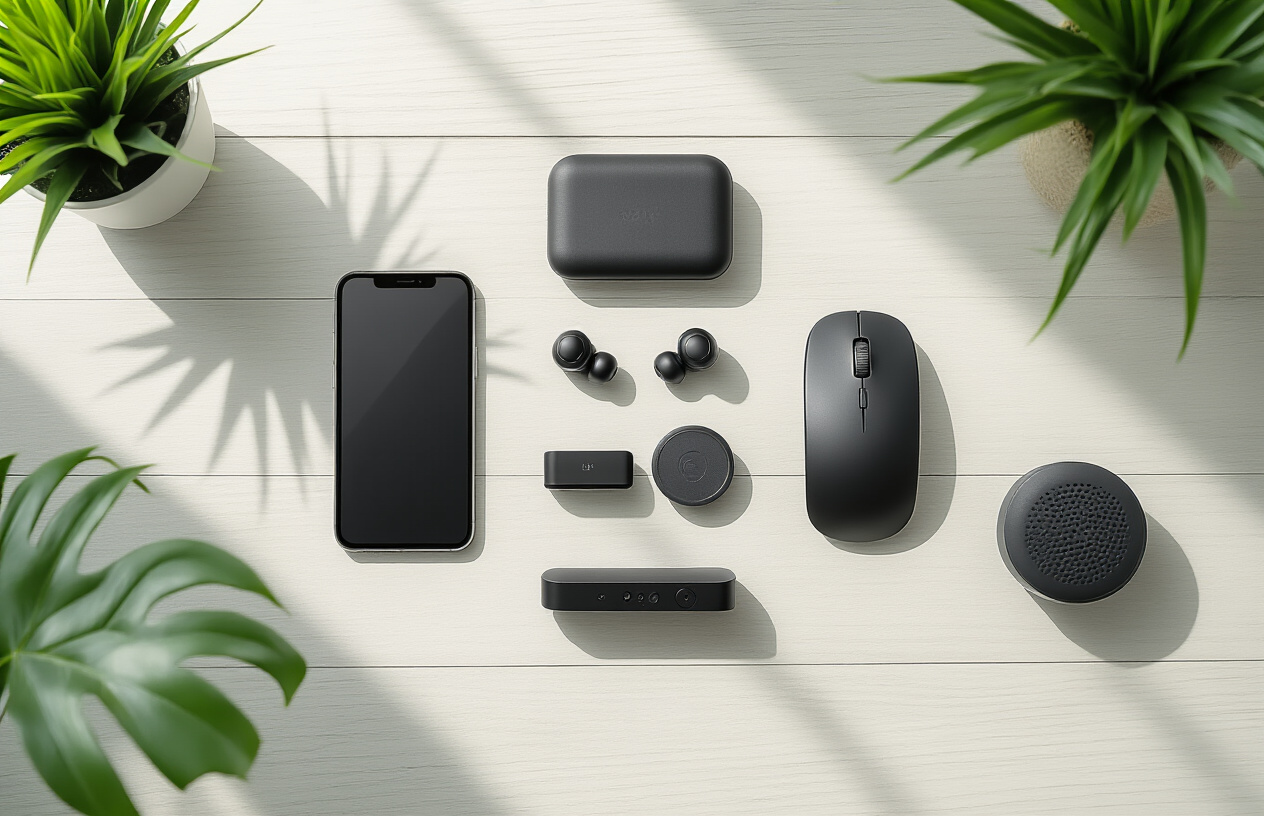 Create a realistic image of an organized flat lay arrangement of various budget tech gadgets on a clean white wooden desk surface, featuring a smartphone with wireless earbuds, a portable power bank, a smart plug, a wireless mouse, a small Bluetooth speaker, and a tablet stand, all positioned in an aesthetically pleasing composition with soft natural lighting from the top left creating gentle shadows, conveying a sense of value and smart purchasing decisions, shot from directly above in a minimalist style with warm ambient lighting, absolutely NO text should be in the scene.