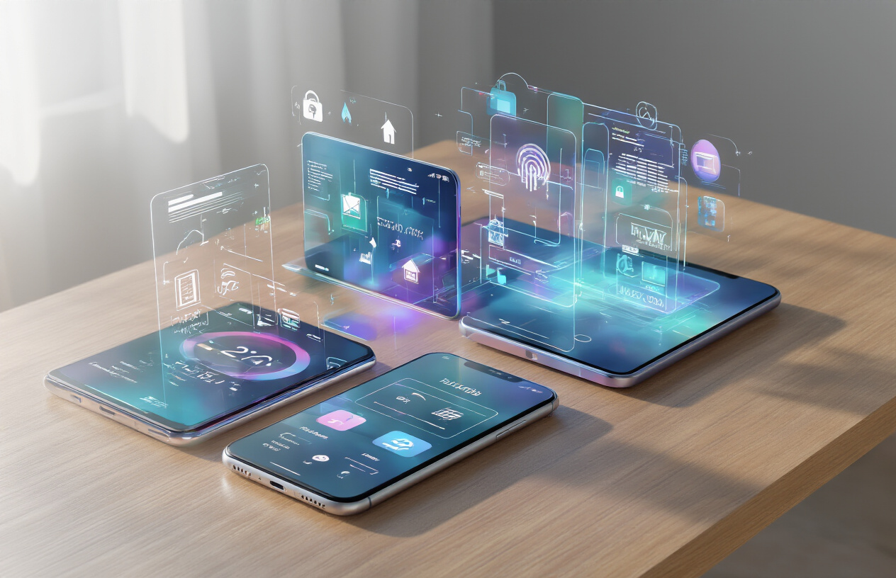 Create a realistic image of modern smartphones displaying vibrant, interactive interfaces with holographic-like digital elements floating above the screens, showing apps for productivity, entertainment, and smart home control, arranged on a sleek wooden desk surface with soft ambient lighting from the side, creating gentle shadows and highlights that emphasize the premium quality and transformative technology of these devices, with a clean minimalist background in soft gray tones, absolutely NO text should be in the scene.