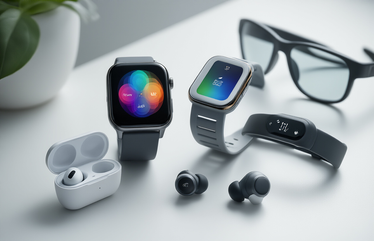 Create a realistic image of modern wearable technology devices elegantly arranged on a clean white surface, featuring a sleek smartwatch with a bright colorful display, wireless earbuds in their charging case, a fitness tracker band, and smart glasses, with soft natural lighting from the side creating gentle shadows, complemented by a minimalist background with subtle tech-inspired elements, conveying an innovative and sophisticated lifestyle mood, absolutely NO text should be in the scene.