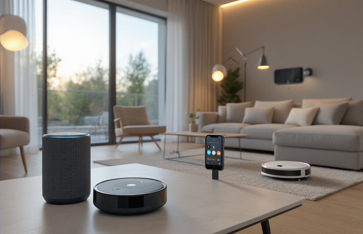 Create a realistic image of a modern living room showcasing multiple home automation devices including a smart speaker on a coffee table, smart light bulbs glowing warmly in floor lamps, a smart thermostat mounted on the wall, a robotic vacuum cleaner on hardwood floors, and a smartphone displaying a home control app resting on a sleek sofa, with clean contemporary furniture, soft ambient lighting, and large windows showing daylight, creating a comfortable and tech-savvy atmosphere that demonstrates simplified modern living. Absolutely NO text should be in the scene.