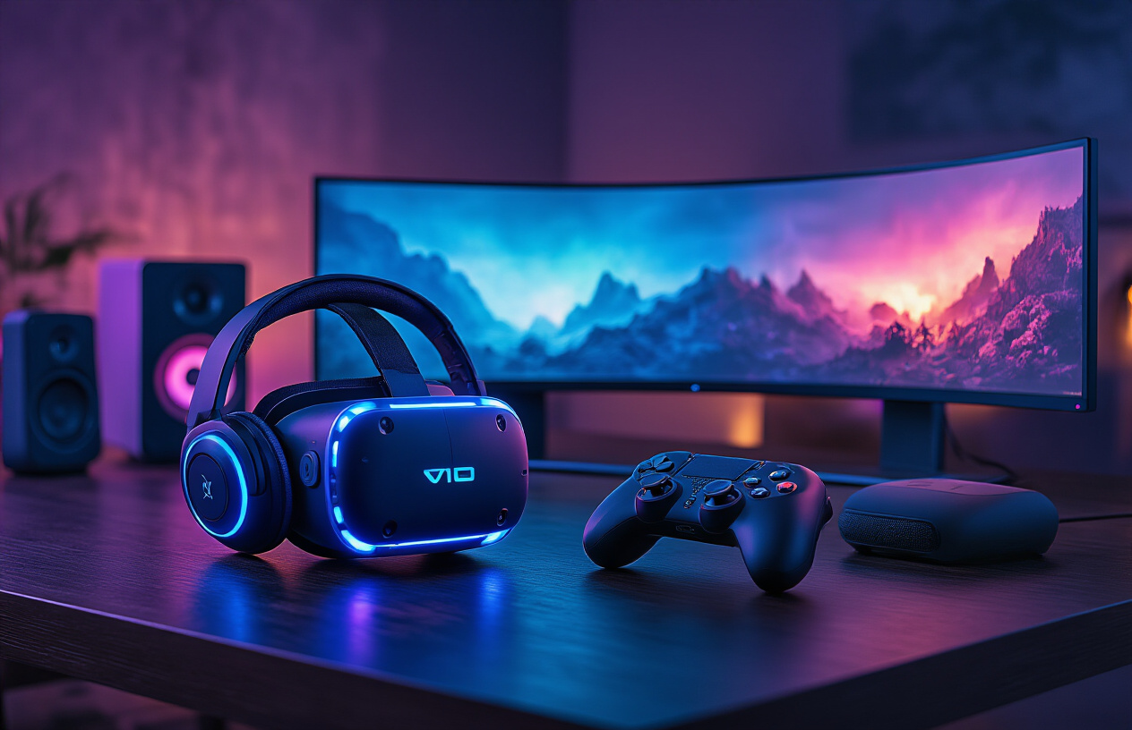 Create a realistic image of modern entertainment gadgets arranged on a sleek dark wooden surface including a VR headset with glowing blue LED accents, wireless gaming headphones with RGB lighting, a curved gaming monitor displaying vibrant colors, a wireless gaming controller, and smart speakers, all set against a dimly lit contemporary tech setup with soft ambient purple and blue lighting creating an immersive atmosphere, with subtle light reflections on the polished surfaces, absolutely NO text should be in the scene.