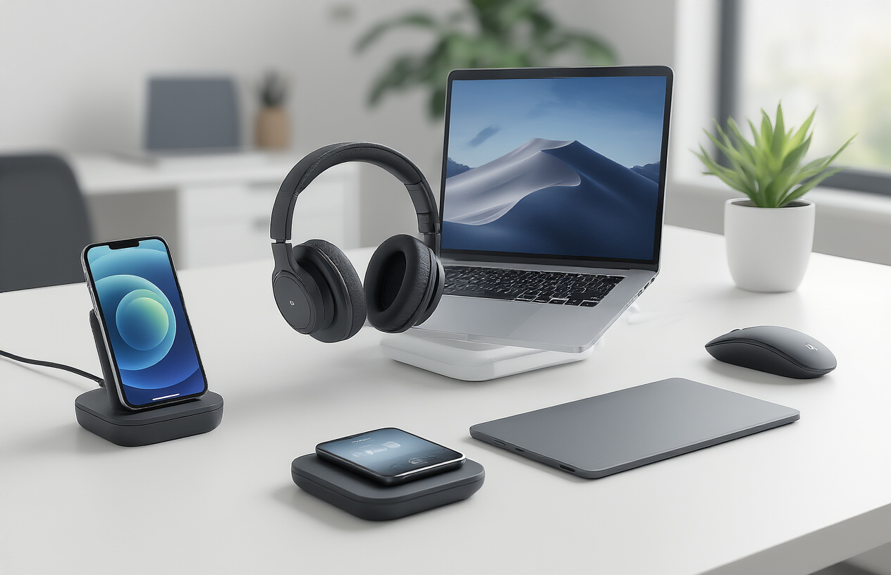 Create a realistic image of a modern office desk setup featuring trending productivity gadgets including a sleek laptop, wireless charging pad with smartphone, noise-canceling headphones, smart tablet with stylus, ergonomic wireless mouse, and a digital assistant device, all arranged neatly on a clean white desk surface with soft natural lighting from a nearby window, minimalist background with blurred office environment, professional and organized atmosphere that conveys efficiency and modern workplace technology, absolutely NO text should be in the scene.