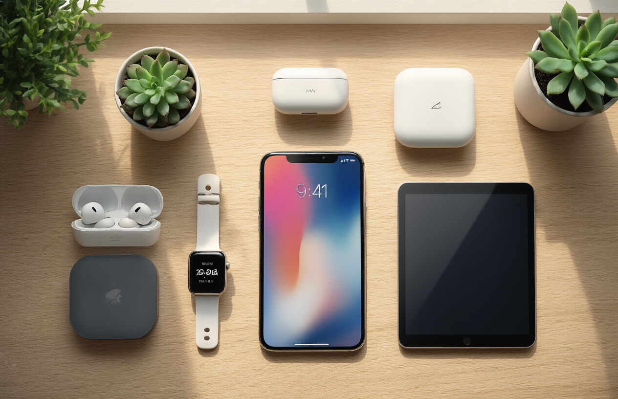 Create a realistic image of a modern wooden desk surface viewed from above showcasing an organized collection of trending technology gadgets including a sleek smartphone, smartwatch, wireless earbuds in their case, a smart home hub device, a compact tablet, and a wireless charging pad, all arranged in an aesthetically pleasing layout with soft natural lighting from a window creating gentle shadows, surrounded by subtle decorative elements like a small potted succulent plant and a minimalist coffee cup, conveying a clean, contemporary, and sophisticated technology lifestyle mood, absolutely NO text should be in the scene.