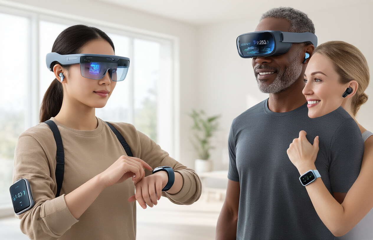 Create a realistic image of a diverse group of people wearing cutting-edge wearable technology devices including smart glasses with holographic displays, sleek fitness trackers with glowing screens, smart clothing with embedded sensors, and wireless earbuds, featuring a young Asian female checking her smartwatch, a middle-aged Black male wearing augmented reality glasses, and a white female in her 30s with a high-tech fitness band, set in a modern minimalist living space with clean lines and soft natural lighting streaming through large windows, conveying an atmosphere of innovation and seamless technology integration into everyday life, absolutely NO text should be in the scene.