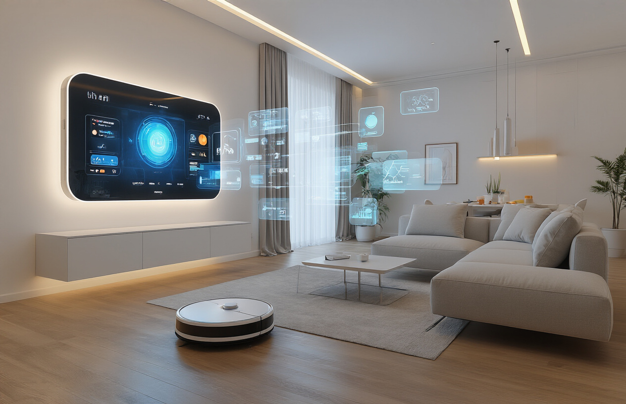 Create a realistic image of a modern smart home living room showcasing futuristic automation gadgets including a sleek digital smart mirror on the wall displaying colorful interface elements, floating holographic control panels in mid-air, robotic vacuum cleaner moving across polished hardwood floors, intelligent LED strip lighting that changes colors along the ceiling edges, a sophisticated home assistant device on a minimalist coffee table, automated curtains partially drawn with visible motorized mechanisms, and smart furniture like a self-adjusting sofa, all set in a contemporary home interior with clean lines, neutral color palette of whites and grays, soft ambient lighting creating a high-tech atmosphere, captured during evening hours with warm interior lighting contrasting against cool blue smart device glows, absolutely NO text should be in the scene.