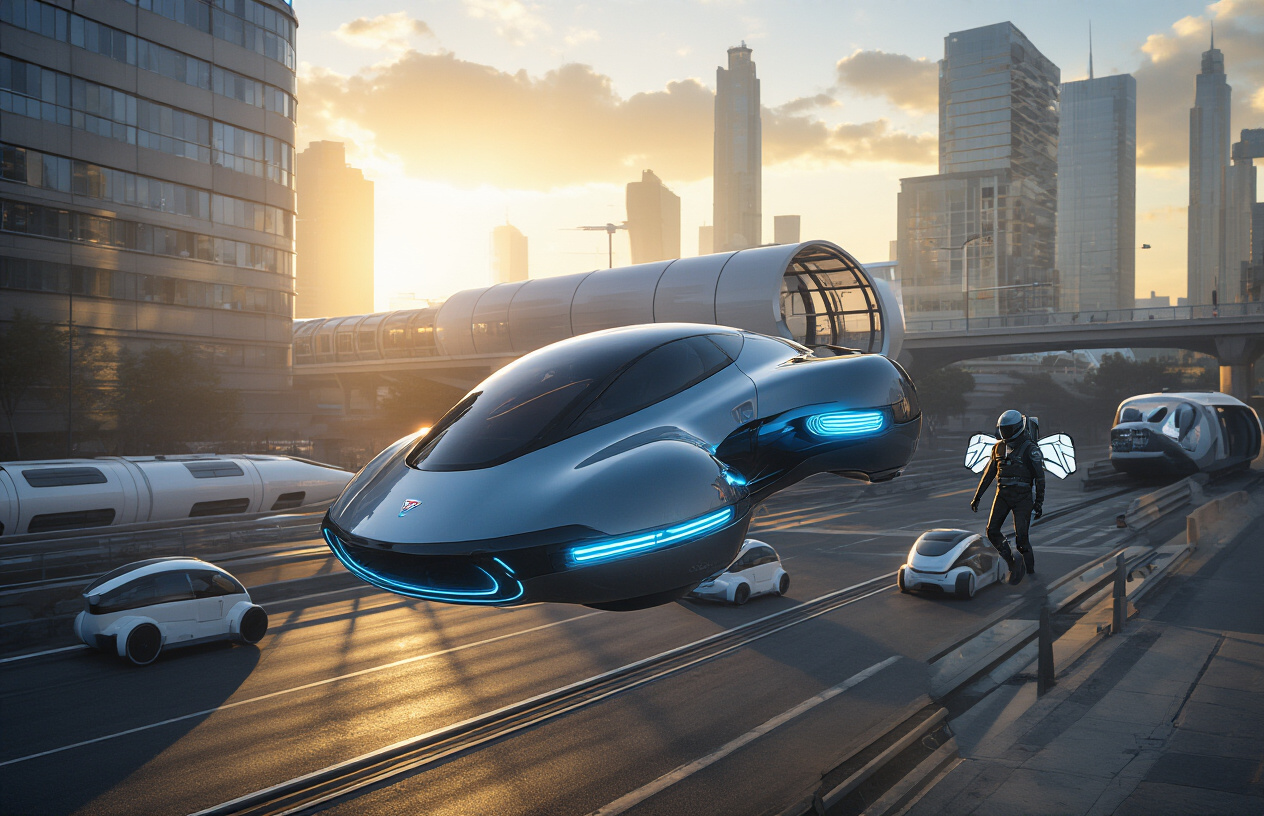Create a realistic image of a sleek futuristic flying car hovering above a modern city street, featuring aerodynamic design with glowing blue propulsion systems, surrounded by other innovative transportation vehicles including a hyperloop tube in the background, autonomous electric pods on elevated tracks, and a person wearing a high-tech jetpack in the distance, set during golden hour with dramatic lighting casting long shadows on the urban landscape below, conveying a sense of technological advancement and innovation. Absolutely NO text should be in the scene.