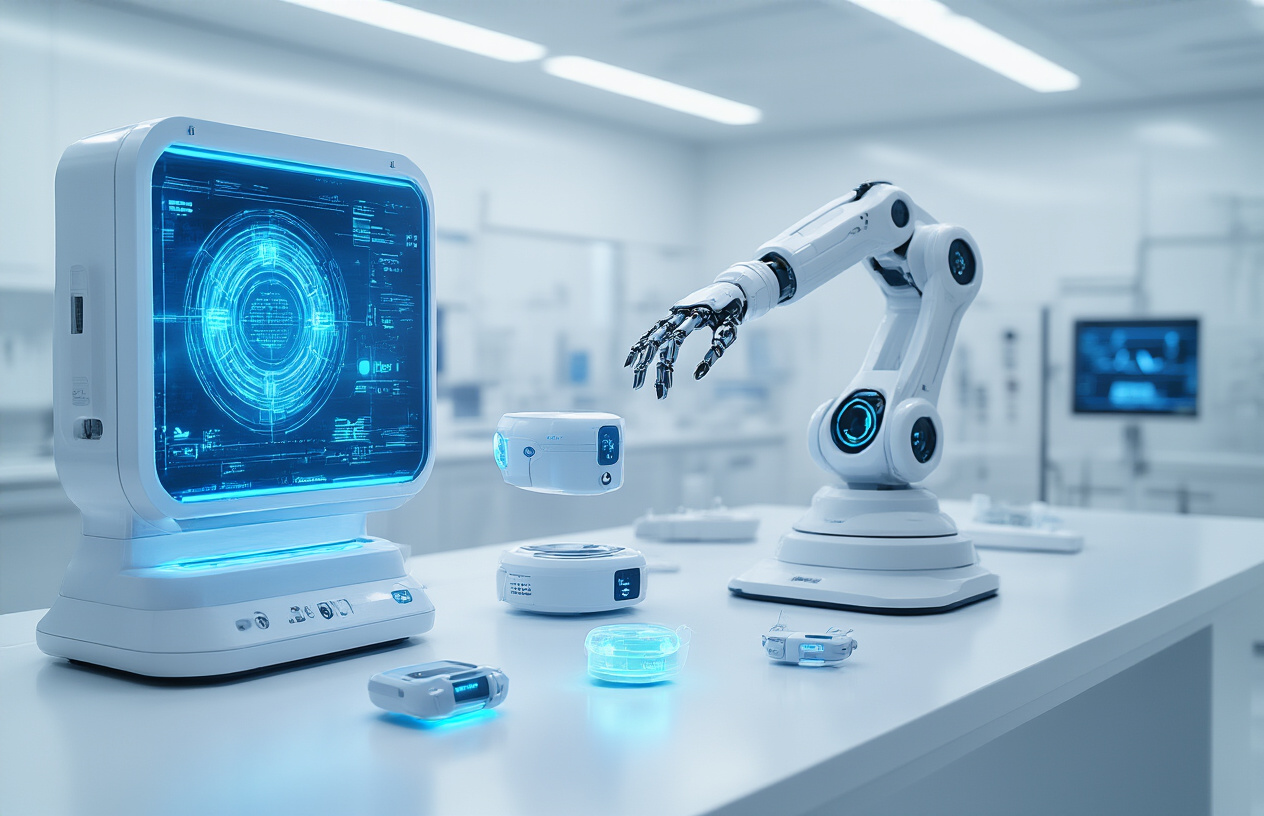 Create a realistic image of advanced medical technology gadgets displayed on a sleek white laboratory table, featuring futuristic devices like a holographic diagnostic scanner projecting blue light patterns, a compact robotic surgical assistant with precise mechanical arms, smart contact lenses glowing softly, and miniature health monitoring implants, all set in a bright modern medical facility with clean white walls and professional LED lighting, creating an innovative and cutting-edge atmosphere. Absolutely NO text should be in the scene.