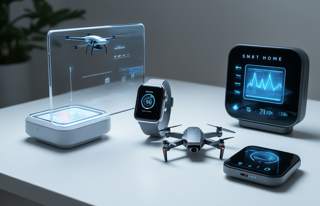 Create a realistic image of a sleek modern desk surface showcasing an array of futuristic technology gadgets including a transparent holographic smartwatch, a minimalist smart home control hub with glowing LED indicators, a compact flying drone with retractable wings, and a sophisticated medical scanner device with blue diagnostic lights, all arranged in an aesthetically pleasing composition against a clean white background with soft ambient lighting that creates gentle shadows, conveying a sense of innovation and technological advancement, absolutely NO text should be in the scene.