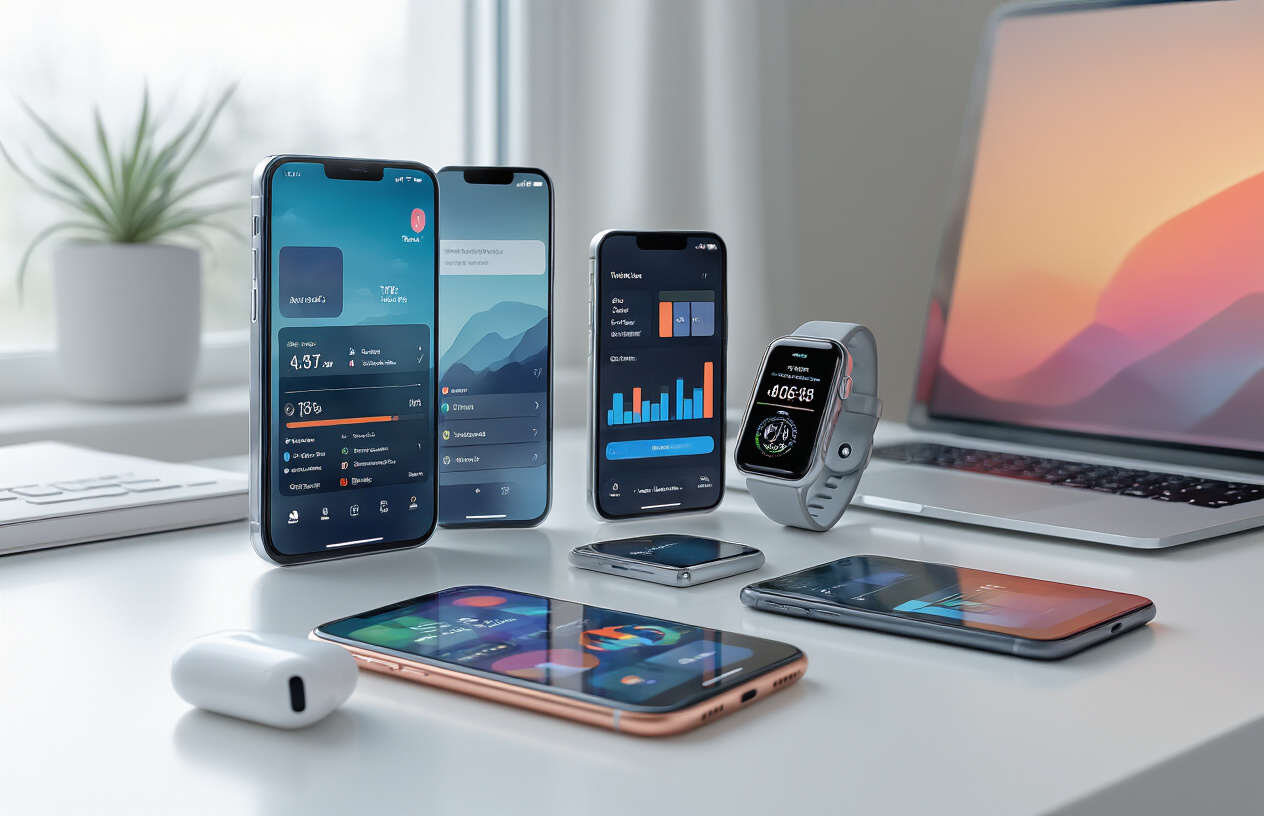Create a realistic image of several modern high-end smartphones arranged on a sleek white desk surface, showing different models with vibrant displays featuring productivity apps like calendars, charts, and task managers, alongside wireless earbuds, a smartwatch, and a laptop partially visible in the background, with soft natural lighting from a window creating gentle shadows, emphasizing a clean professional workspace atmosphere that conveys efficiency and cutting-edge technology. Absolutely NO text should be in the scene.