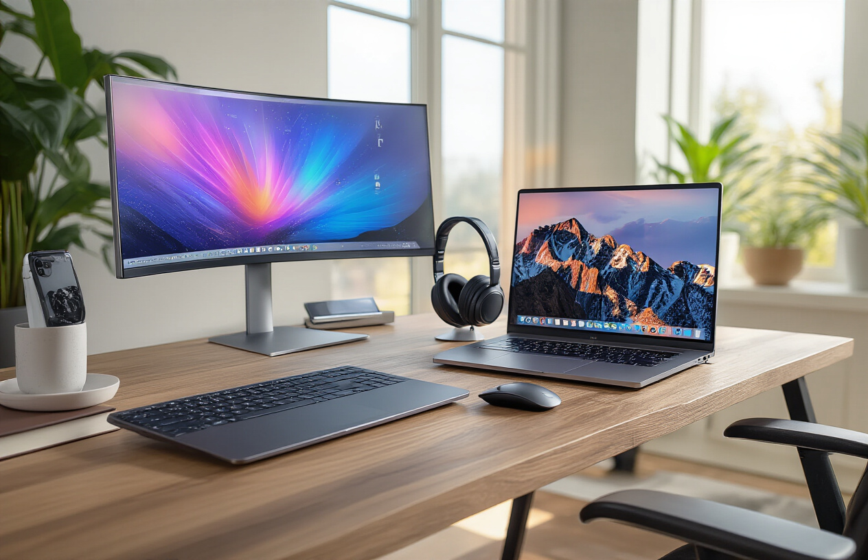 Create a realistic image of a modern workspace setup featuring essential computing devices arranged on a sleek wooden desk, including a high-end laptop with an open screen displaying a colorful interface, a large curved monitor, a wireless keyboard and mouse, noise-canceling headphones, a tablet propped up on a stand, and a smartphone, all positioned in a contemporary home office with soft natural lighting from a nearby window, creating a productive and tech-savvy atmosphere perfect for both work and entertainment, with clean minimalist surroundings and warm ambient lighting that highlights the premium quality of the devices, absolutely NO text should be in the scene.