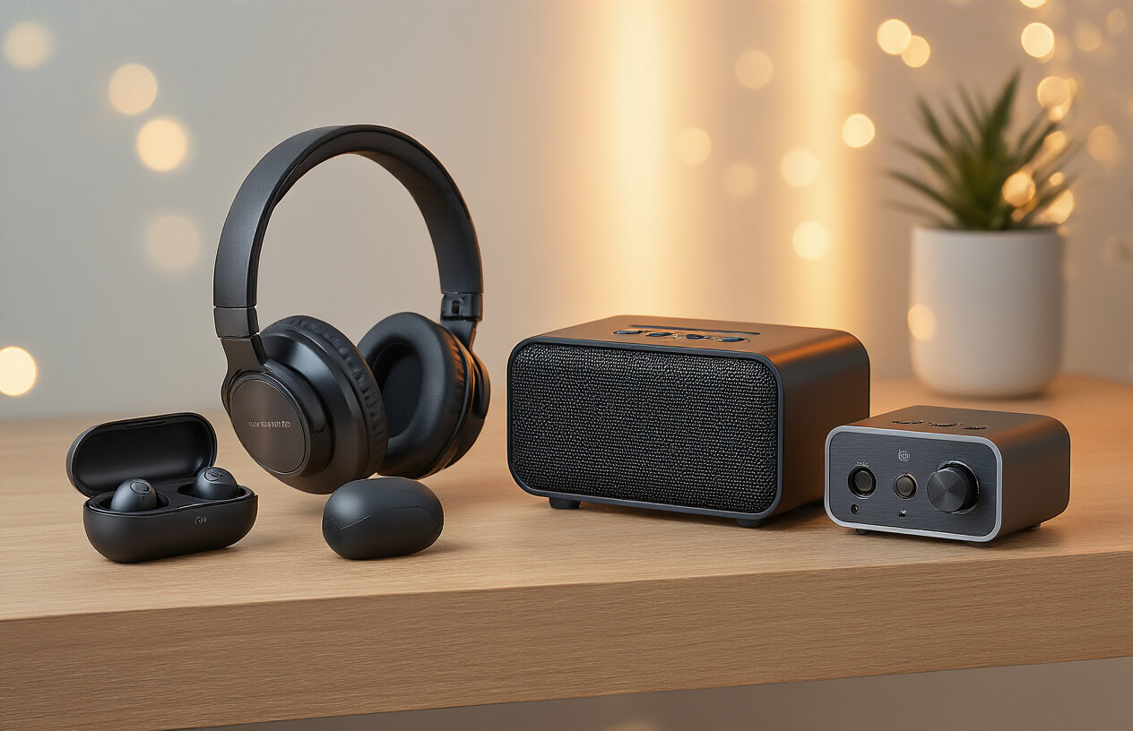 Create a realistic image of premium audio equipment arranged on a modern wooden desk including high-end over-ear headphones, wireless earbuds in their charging case, a sleek portable Bluetooth speaker, and a compact audio amplifier, with warm ambient lighting creating subtle shadows and highlights that emphasize the sophisticated metallic and matte black finishes of the devices, set against a clean minimalist background with soft bokeh lighting effects. Absolutely NO text should be in the scene.