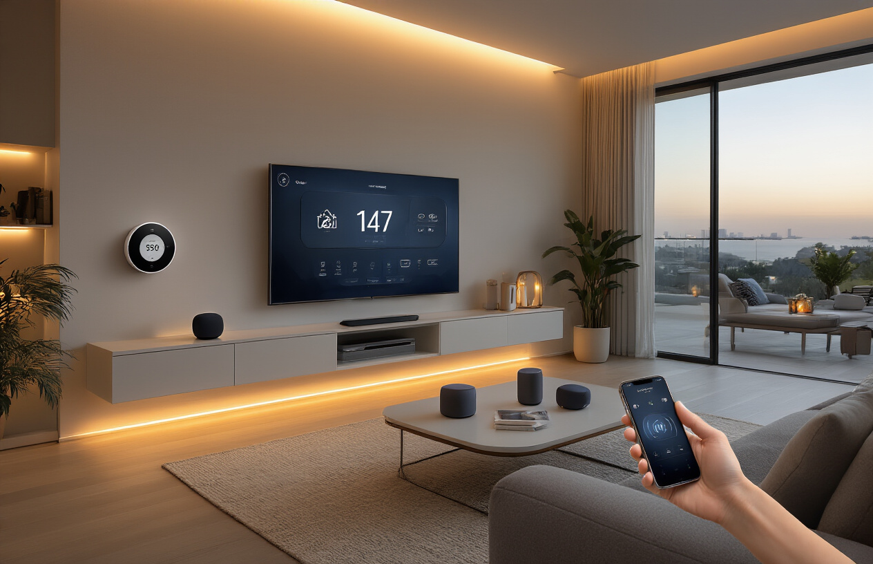 Create a realistic image of a modern living room showcasing smart home technology with a sleek smart thermostat on the wall, voice-controlled smart speakers on a coffee table, automated smart lights with warm ambient lighting, a large smart TV displaying a home automation interface, smart plugs visible in wall outlets, and a smartphone on the couch showing a home control app, all set in a contemporary home interior with clean lines and neutral colors, captured during evening hours with soft warm lighting creating a cozy automated living atmosphere, absolutely NO text should be in the scene.