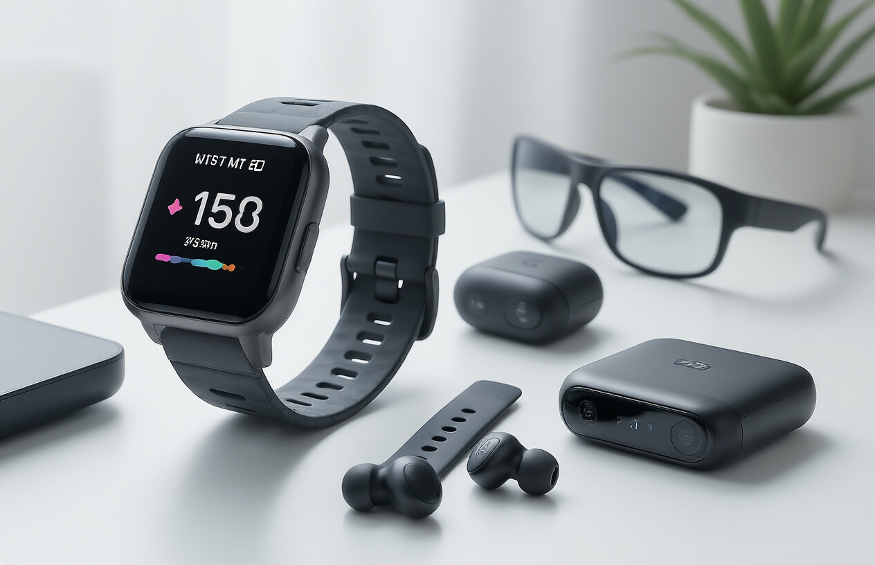 Create a realistic image of various wearable tech devices arranged on a clean white surface including a smartwatch displaying fitness metrics, wireless earbuds in their charging case, a fitness tracker band, and smart glasses, with soft natural lighting from the side creating gentle shadows, featuring a modern minimalist tech aesthetic with subtle reflections on the devices, absolutely NO text should be in the scene.