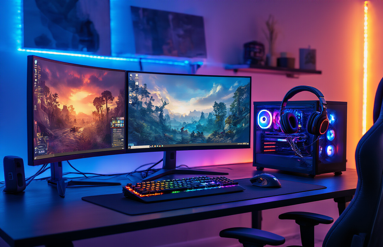 Create a realistic image of a modern gaming setup featuring a high-end gaming PC with RGB lighting, dual curved monitors displaying vibrant game graphics, a mechanical gaming keyboard with colorful backlighting, a wireless gaming mouse, premium gaming headset hanging on a headset stand, and a racing wheel controller, all arranged on a sleek black gaming desk in a dimly lit room with ambient blue and purple LED strip lighting creating an immersive gaming atmosphere, with the warm glow from the monitors illuminating the setup. Absolutely NO text should be in the scene.