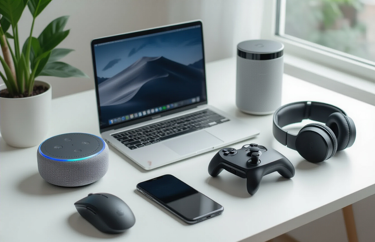 Create a realistic image of a modern tech enthusiast's desk setup showcasing essential gadgets including a sleek smartphone, laptop computer, wireless headphones, smartwatch, gaming controller, and smart home devices like a voice assistant speaker, all arranged aesthetically on a clean white desk surface with soft natural lighting from a nearby window creating gentle shadows, shot from a slightly elevated angle to display the collection of devices clearly, with a minimalist background featuring a contemporary home office environment, conveying an organized and sophisticated tech-savvy lifestyle, absolutely NO text should be in the scene.