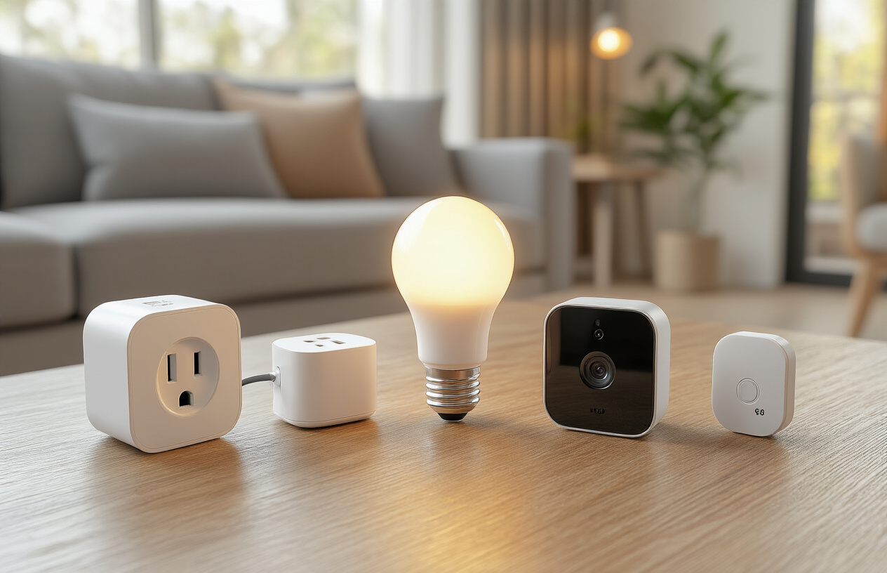 Create a realistic image of affordable smart home devices arranged on a modern wooden table, including a smart plug, LED smart bulb, compact security camera, and wireless door sensor, with price tags showing amounts under $50, set against a cozy living room background with warm natural lighting from a window, creating an inviting and accessible technology atmosphere, absolutely NO text should be in the scene.