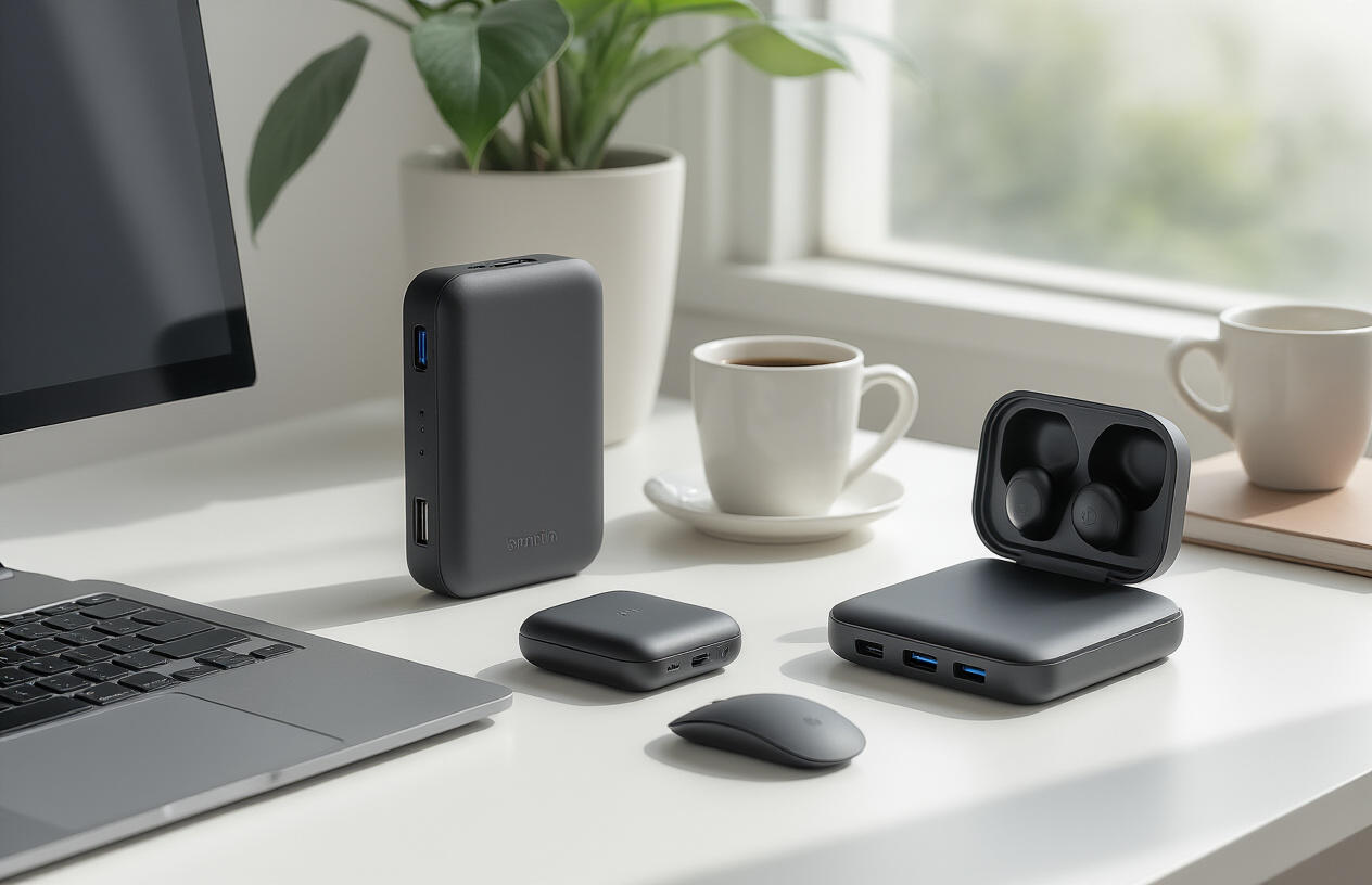 Create a realistic image of a clean modern desk setup featuring affordable portable tech gadgets including a wireless power bank, Bluetooth earbuds in their case, a portable phone stand, a compact wireless mouse, and a USB-C hub, all arranged neatly on a white desk surface with a laptop partially visible, soft natural lighting from a window creating gentle shadows, minimalist background with a coffee cup and notebook nearby suggesting a productive workspace atmosphere, shot from a slightly elevated angle to showcase the gadgets clearly, absolutely NO text should be in the scene.