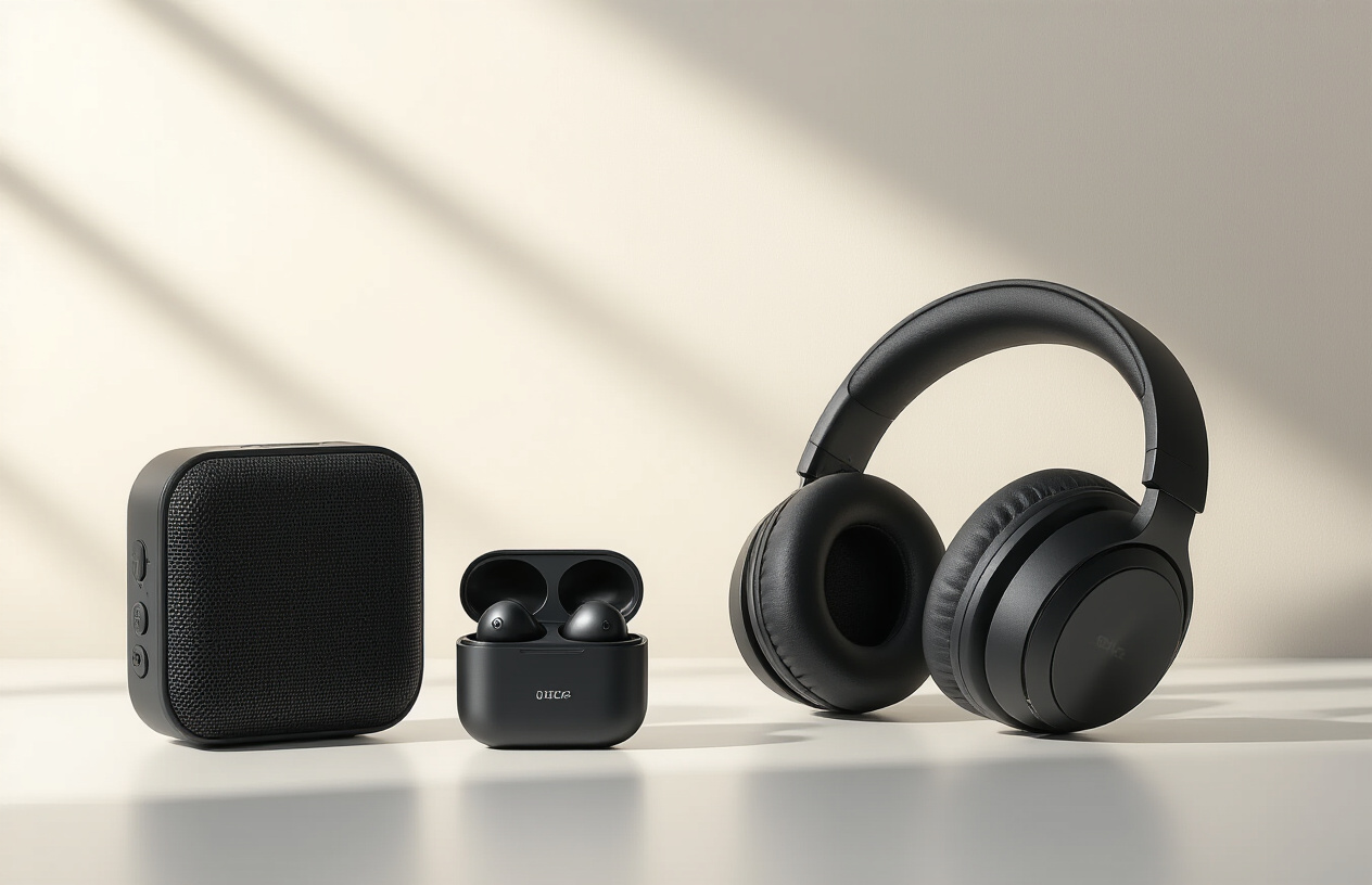 Create a realistic image of affordable audio gadgets arranged on a clean white surface including wireless earbuds in their charging case, a compact Bluetooth speaker, over-ear headphones, and a small portable audio amplifier, with soft natural lighting from above creating gentle shadows, modern minimalist background, products displayed at slight angles to show their design details, warm ambient lighting that emphasizes the sleek black and metallic finishes of the devices, absolutely NO text should be in the scene.
