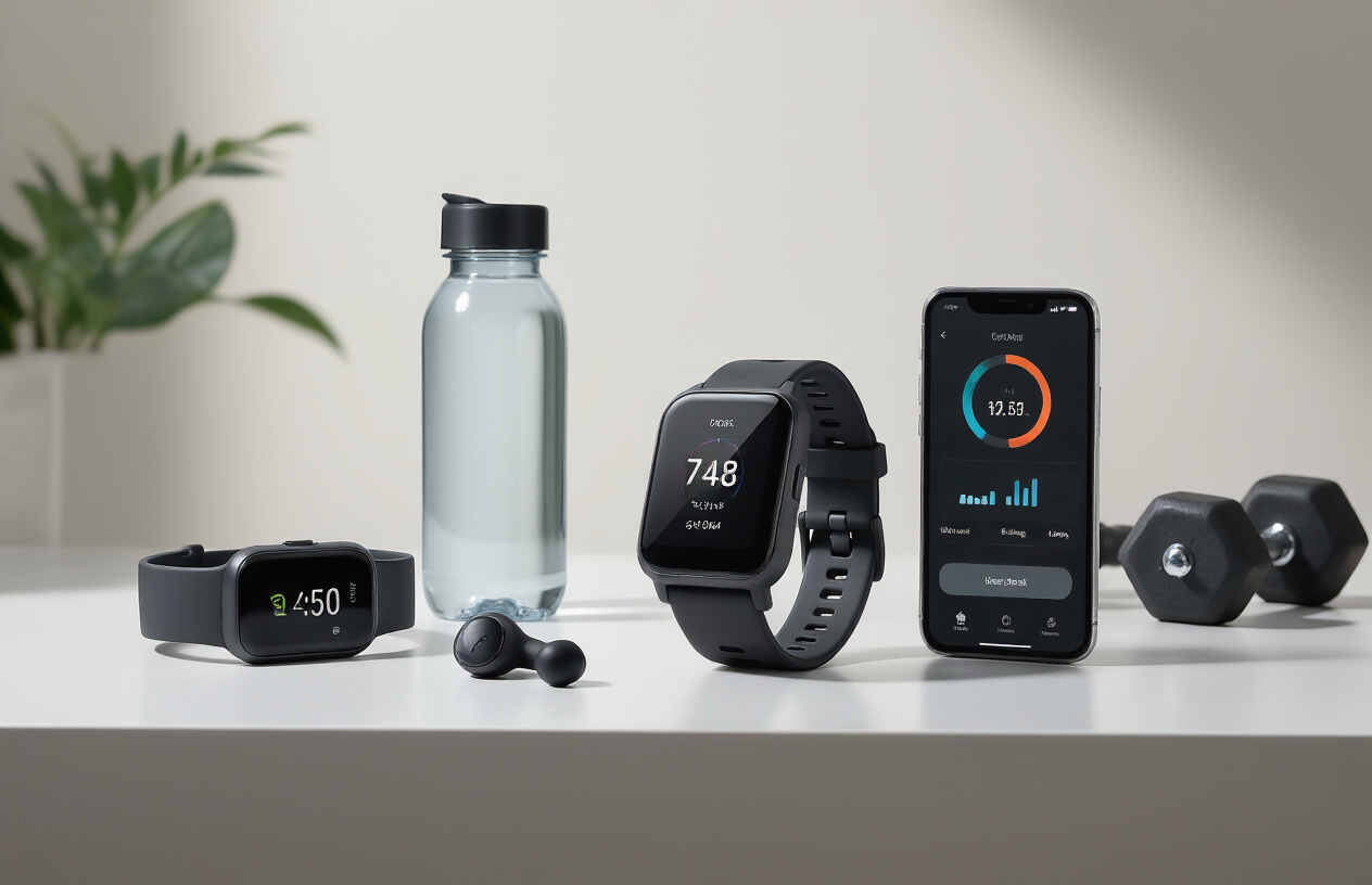 Create a realistic image of affordable fitness tracking devices including a smartwatch, fitness tracker band, and smartphone displaying a workout app arranged on a clean white surface, with a pair of wireless earbuds, a water bottle, and dumbbells in the background, soft natural lighting from the side, modern minimalist setting, Absolutely NO text should be in the scene.