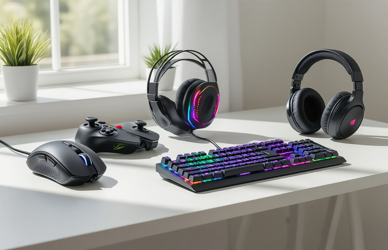 Create a realistic image of affordable gaming accessories including a colorful LED gaming mouse, mechanical keyboard with RGB backlighting, comfortable gaming headset with microphone, and a gaming controller arranged on a clean white desk surface with soft natural lighting from a window, creating a modern and inviting atmosphere that showcases budget-friendly tech gadgets, absolutely NO text should be in the scene.