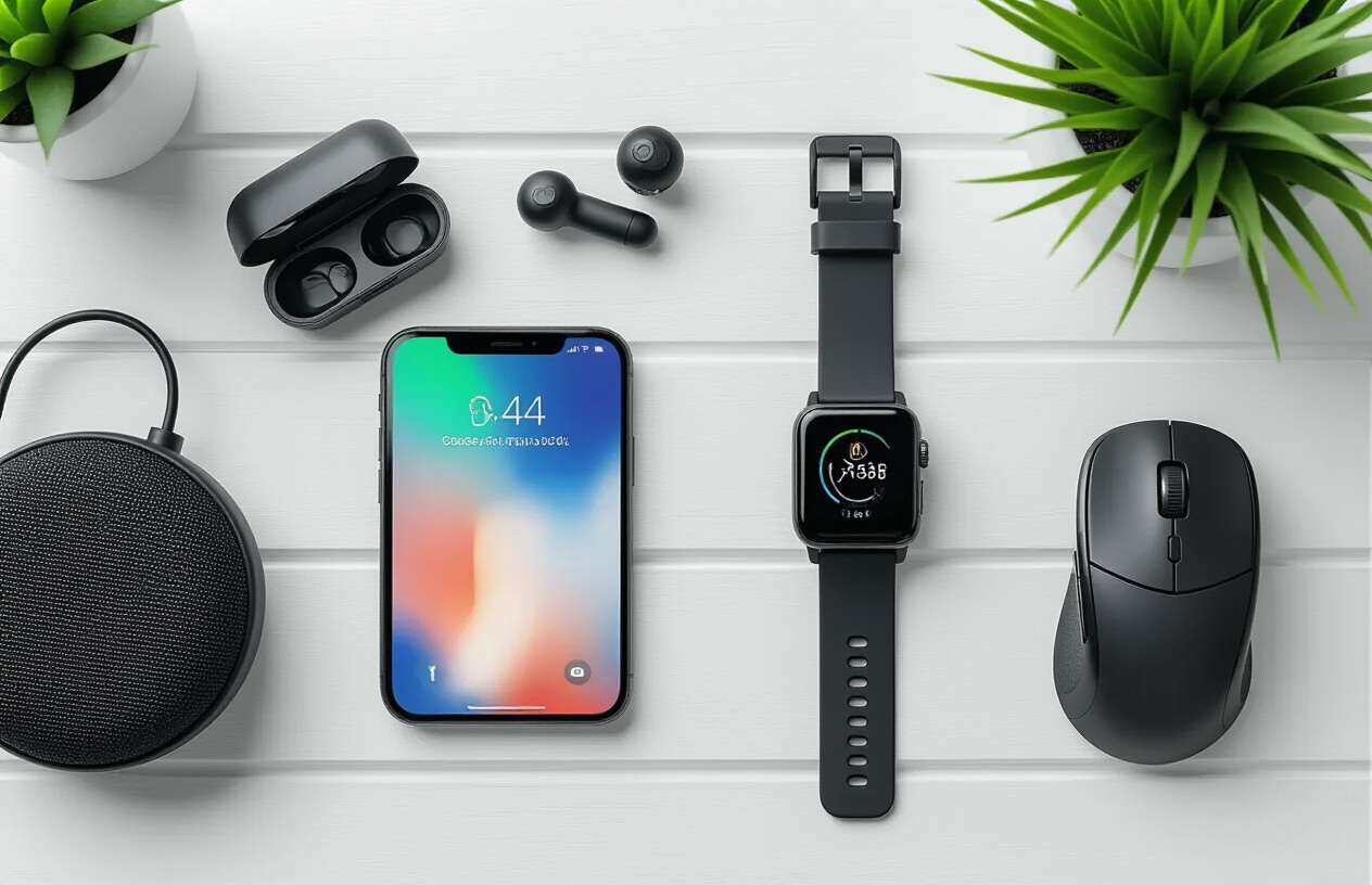 Create a realistic image of a modern flat lay arrangement on a clean white wooden desk surface featuring an assortment of affordable tech gadgets including wireless earbuds in their charging case, a smartwatch with black band, a portable phone charger power bank, a small smart LED bulb, a wireless gaming mouse, a compact Bluetooth speaker, and a fitness tracker, all artfully arranged around a smartphone displaying a colorful interface, with soft natural lighting from above creating gentle shadows, warm and inviting atmosphere suggesting accessibility and value, absolutely NO text should be in the scene.