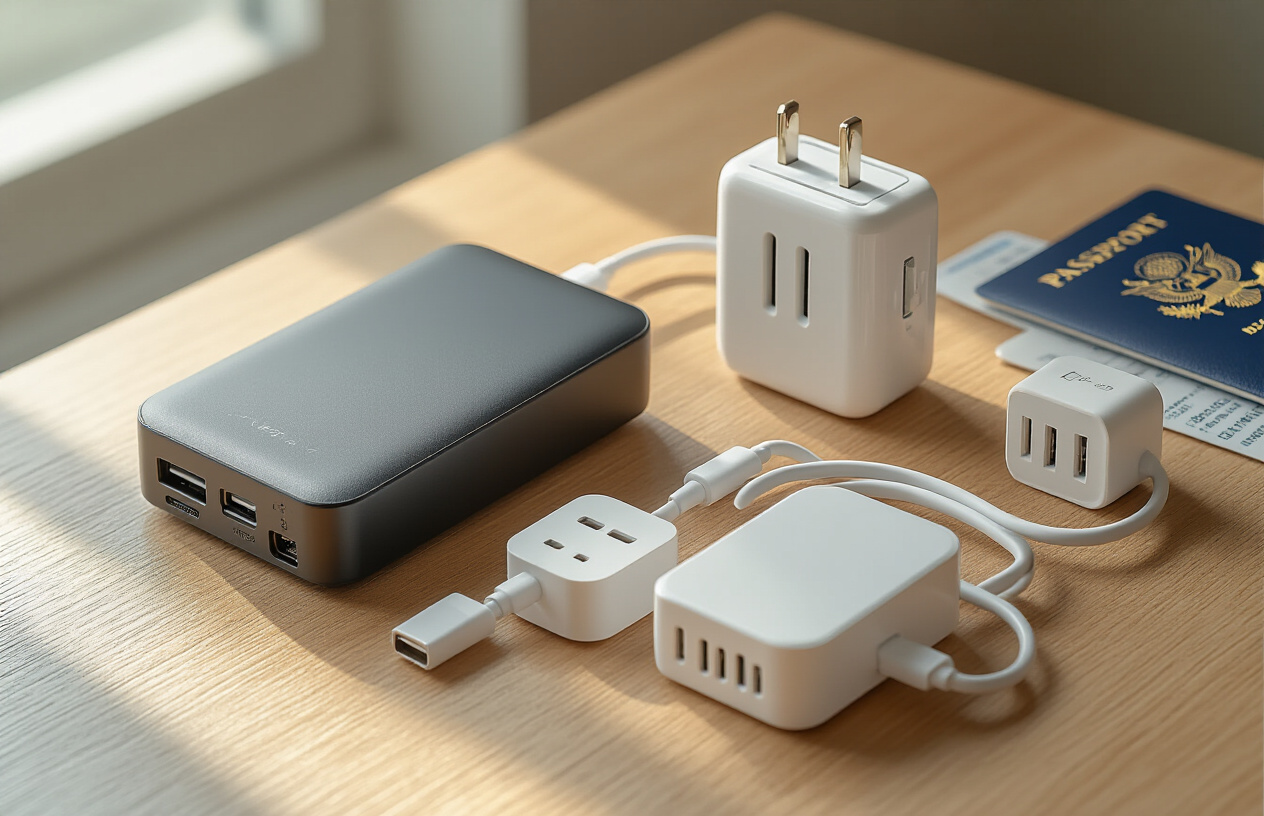Create a realistic image of a collection of essential travel charging devices neatly arranged on a wooden desk surface, including a compact power bank, portable wireless charging pad, multi-port USB wall charger, coiled charging cables, and a universal travel adapter with international plug configurations, all displayed against a clean modern background with soft natural lighting from the side, creating gentle shadows that emphasize the sleek design of each gadget, with a subtle travel atmosphere suggested by a partially visible passport and boarding pass in the background corner, absolutely NO text should be in the scene.