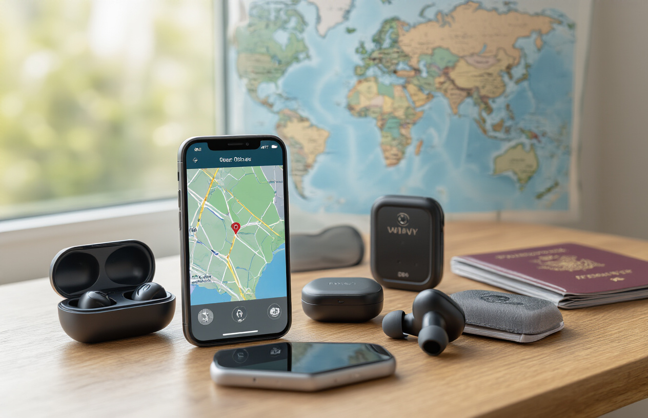 Create a realistic image of modern portable communication and navigation devices arranged on a wooden travel table including a smartphone with GPS map display, wireless earbuds in their charging case, a compact satellite communicator device, and a portable Wi-Fi hotspot, with a world map and passport partially visible in the background, soft natural lighting from a window, travel-ready atmosphere with clean modern aesthetic, absolutely NO text should be in the scene.