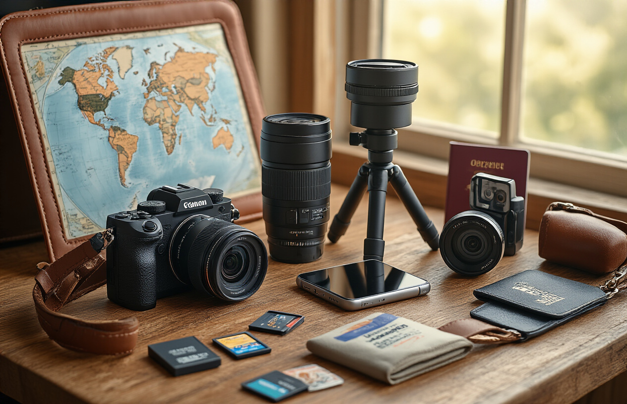 Create a realistic image of portable photography gadgets arranged on a wooden travel table including a compact mirrorless camera, smartphone with camera lens attachments, portable tripod, action camera, instant photo printer, and memory cards scattered around, with a world map and passport visible in the background, warm natural lighting from a window, travel-ready aesthetic with leather camera strap and lens cleaning cloth, absolutely NO text should be in the scene.
