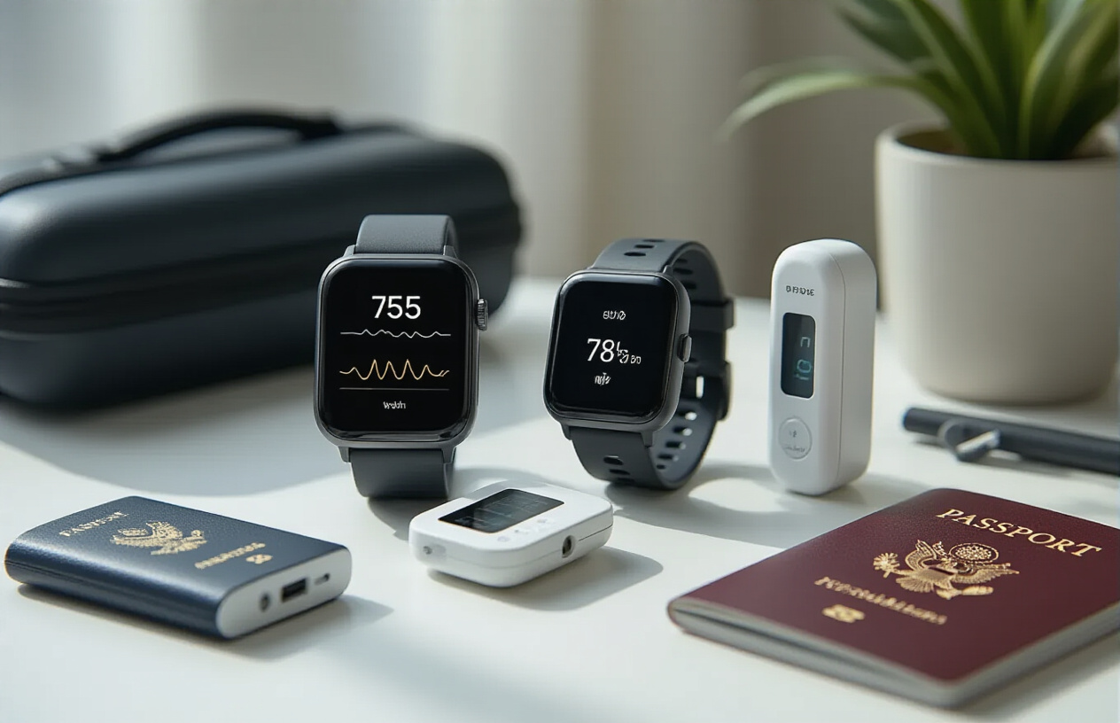 Create a realistic image of modern portable health and safety monitoring gadgets arranged on a clean white surface, including a smartwatch displaying heart rate, a compact pulse oximeter, a small digital thermometer, a portable air quality monitor, and a UV radiation detector, with soft natural lighting from the side creating gentle shadows, travel accessories like a passport and small luggage visible in the blurred background, conveying a sense of preparedness and wellness for travelers, absolutely NO text should be in the scene.