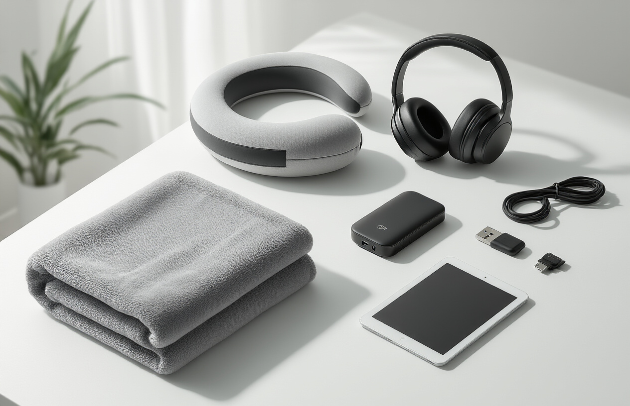Create a realistic image of a collection of travel comfort gadgets neatly arranged on a clean white surface including a memory foam travel pillow, wireless noise-canceling headphones, a portable phone charger with cables, a compact travel blanket folded nearby, and a small tablet or e-reader, with soft natural lighting creating gentle shadows and a minimalist background that emphasizes the products' sleek designs and travel-friendly features, absolutely NO text should be in the scene.