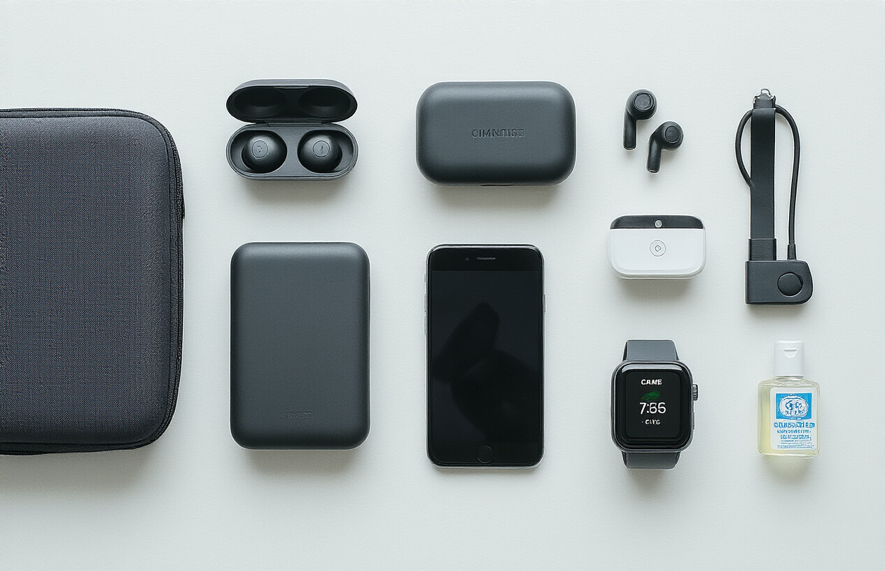 Create a realistic image of a neatly organized flat lay arrangement of essential portable travel gadgets on a clean white surface, including a portable power bank, wireless earbuds in their case, a compact smartphone, a small digital camera, a fitness tracker smartwatch, a portable phone charger cable, a small first aid kit, and a travel-sized hand sanitizer, all arranged in an aesthetically pleasing grid pattern with soft, even lighting from above casting minimal shadows, creating a professional product showcase atmosphere. Absolutely NO text should be in the scene.