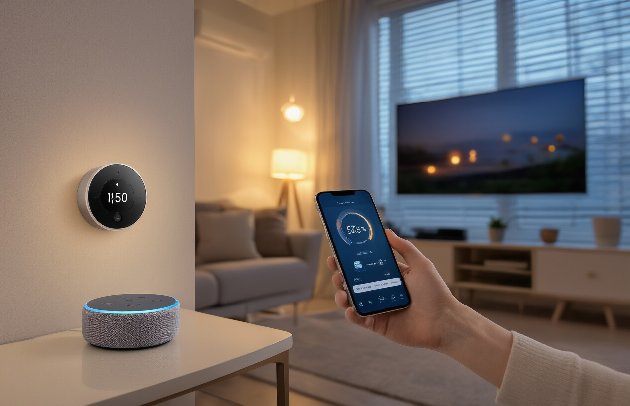 Create a realistic image of a modern living room showcasing various smart home automation devices including a smart thermostat on the wall, voice assistant speaker on a side table, smart light bulbs providing warm ambient lighting, a smartphone displaying a home automation app being held by a white female hand, automated window blinds, and a smart TV mounted on the wall, all connected and working together in a cozy evening setting with soft lighting creating a comfortable atmosphere, absolutely NO text should be in the scene.