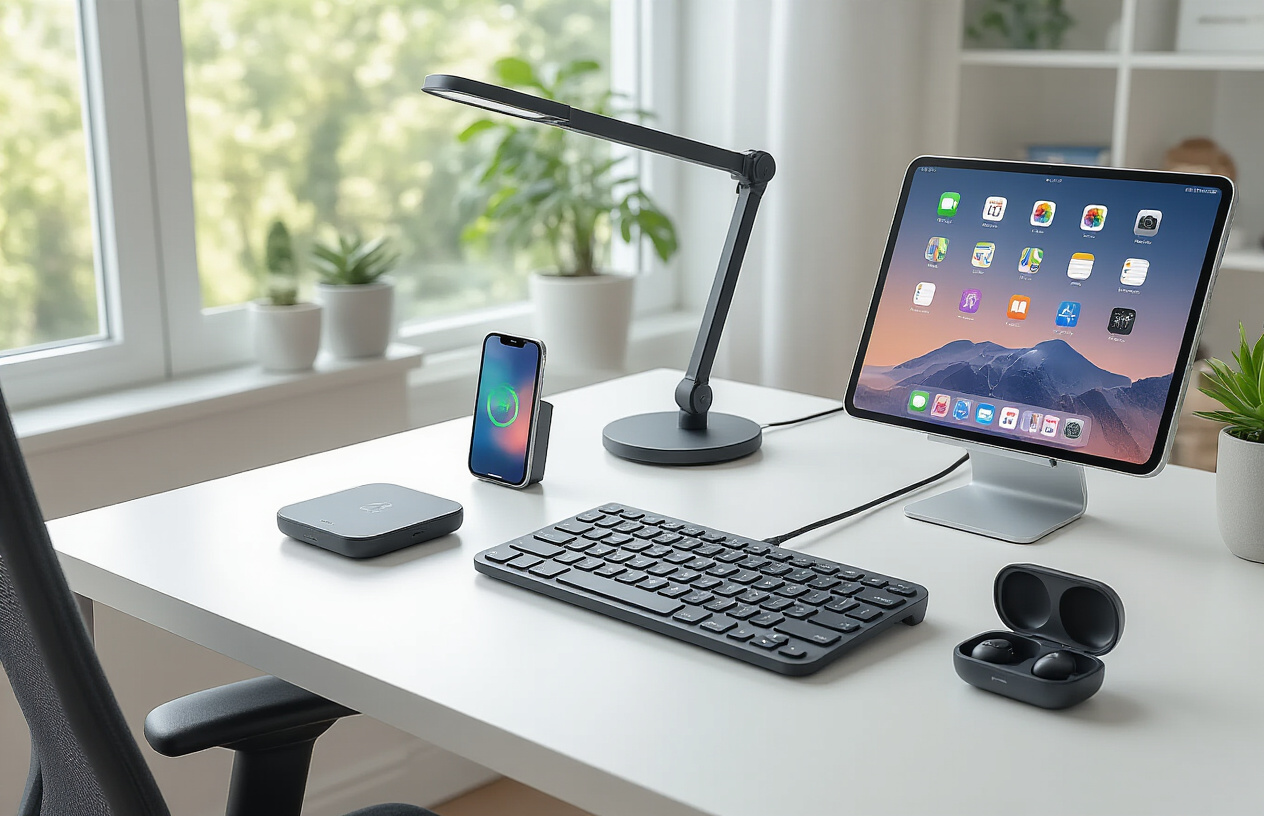 Create a realistic image of a modern, organized workspace desk featuring several innovative tech gadgets including a wireless charging pad with a smartphone, a smart desk lamp with adjustable lighting, a compact Bluetooth keyboard, noise-canceling wireless earbuds in their charging case, a sleek tablet stand with a tablet displaying productivity apps, and a small digital assistant device, all arranged on a clean white desk surface with a comfortable ergonomic chair visible in the background, soft natural lighting from a nearby window creating a bright and efficient work environment, absolutely NO text should be in the scene.