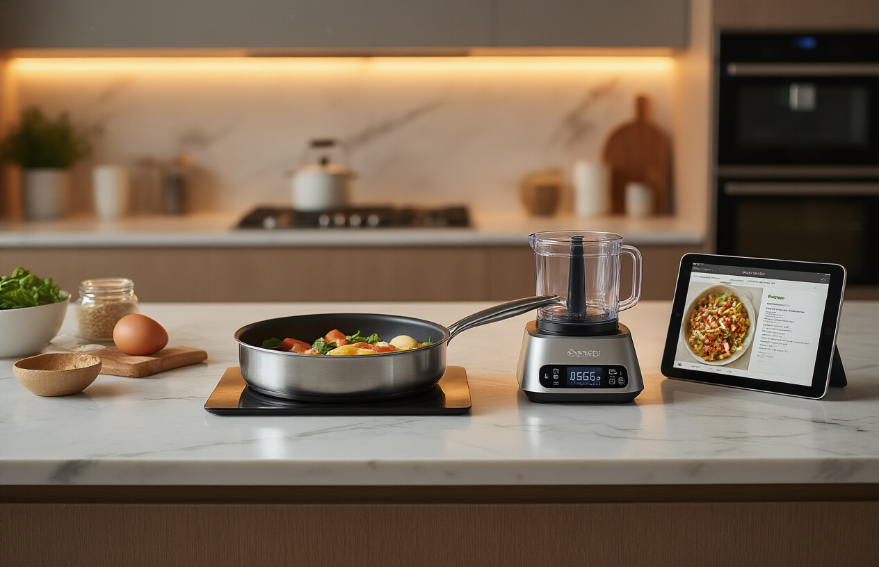 Create a realistic image of a modern kitchen countertop showcasing innovative tech gadgets including a smart thermometer inserted in a cooking pan, a digital kitchen scale with ingredients, a compact food processor, and a tablet displaying a recipe, with warm ambient lighting creating an inviting cooking atmosphere, sleek marble countertops, and contemporary kitchen appliances visible in the blurred background. Absolutely NO text should be in the scene.