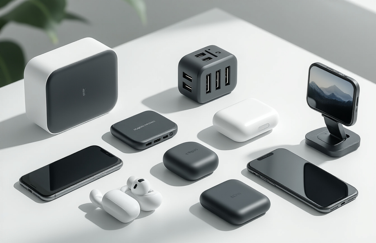 Create a realistic image of modern travel gadgets and mobile convenience tools arranged on a clean white surface, including a portable wireless charger, compact travel adapter with multiple USB ports, foldable phone stand, wireless earbuds in their charging case, a slim power bank, and a smartphone mount for cars, with soft natural lighting casting gentle shadows, professional product photography style, minimalist background, absolutely NO text should be in the scene.