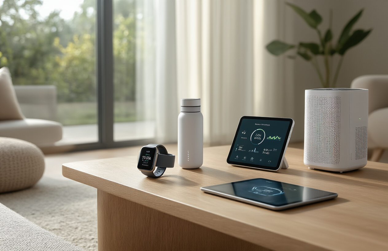 Create a realistic image of a modern living room scene showcasing various health and wellness tech gadgets including a smartwatch on a wooden side table, a fitness tracker band, a smart water bottle with LED indicators, a meditation headband device, a sleek air purifier in the background, and a tablet displaying health metrics, all arranged on and around a contemporary coffee table with soft natural lighting from a large window, creating a calm and wellness-focused atmosphere with clean minimalist decor in neutral tones, absolutely NO text should be in the scene.