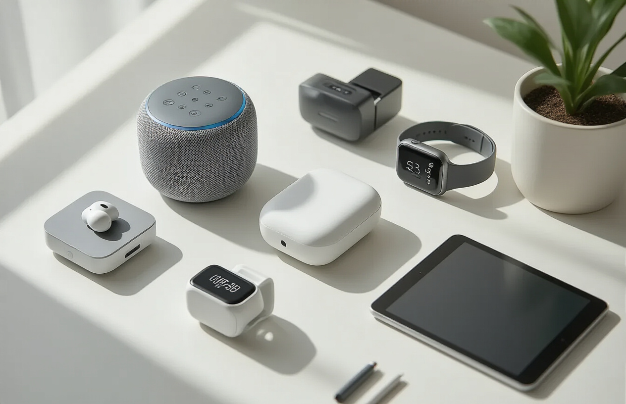 Create a realistic image of a modern, organized lifestyle scene featuring a collection of everyday tech gadgets arranged on a clean white surface, including a smart speaker, wireless earbuds, a fitness tracker, a portable phone charger, a digital kitchen scale, and a small tablet, with soft natural lighting from the side creating gentle shadows, representing the integration of useful technology into daily life, shot from a slightly elevated angle to showcase all devices clearly, with a minimalist background and warm, inviting atmosphere that suggests convenience and modern living, absolutely NO text should be in the scene.