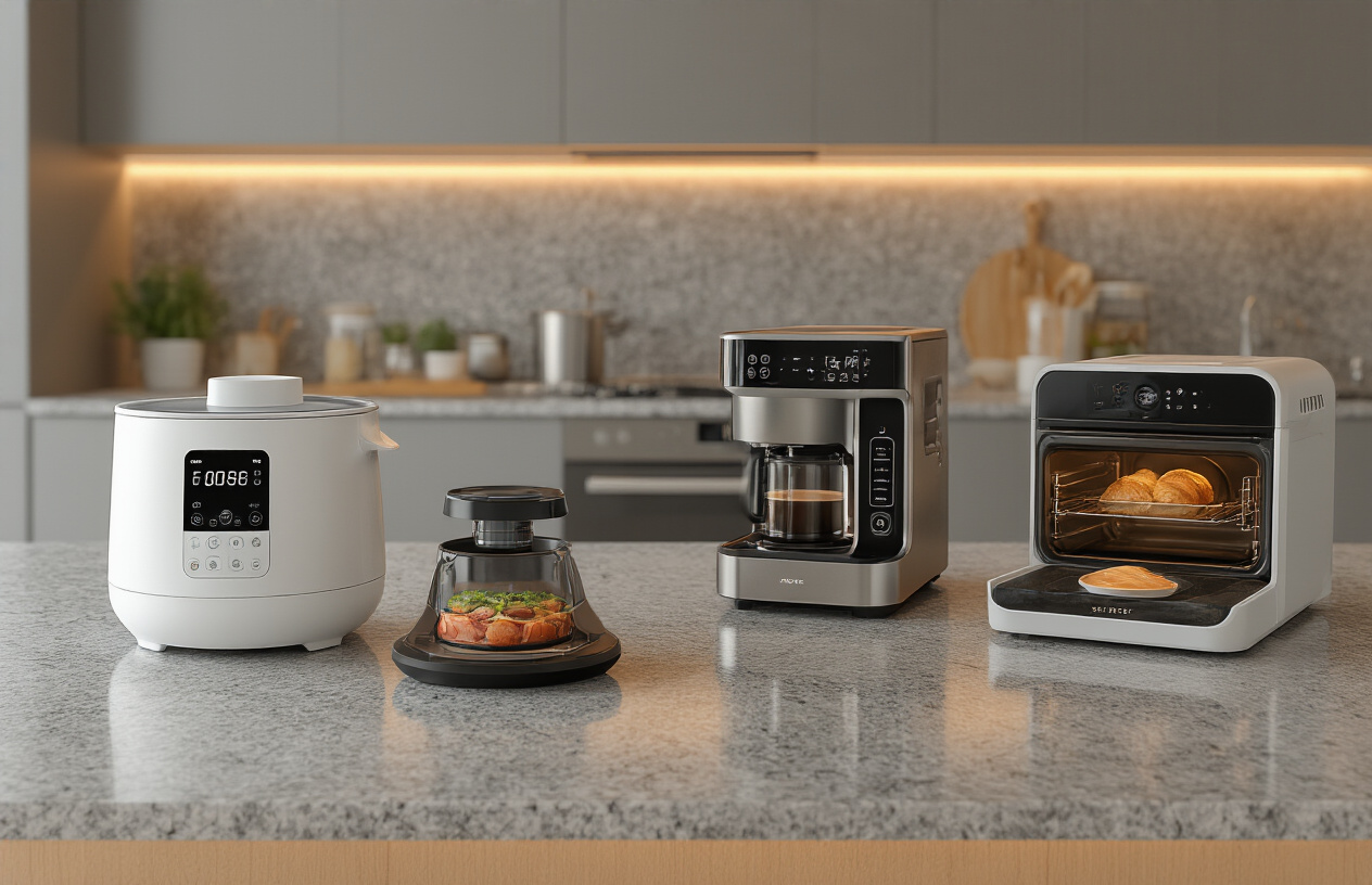 Create a realistic image of a modern kitchen countertop featuring smart automation devices including a programmable multi-cooker, an automated coffee machine, a smart oven with digital display, and a robotic food processor, all arranged on sleek granite countertops with warm LED under-cabinet lighting, showing a clean contemporary kitchen environment with stainless steel appliances in the background, absolutely NO text should be in the scene.