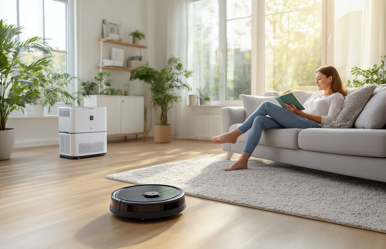 Create a realistic image of a modern living room with a robotic vacuum cleaner moving across a hardwood floor, a white female person relaxing on a comfortable gray sofa reading a book, smart home cleaning devices including an air purifier and automated mop visible in the background, warm natural lighting from large windows, clean and organized contemporary interior with plants, peaceful and effortless atmosphere showing technology working autonomously, absolutely NO text should be in the scene.