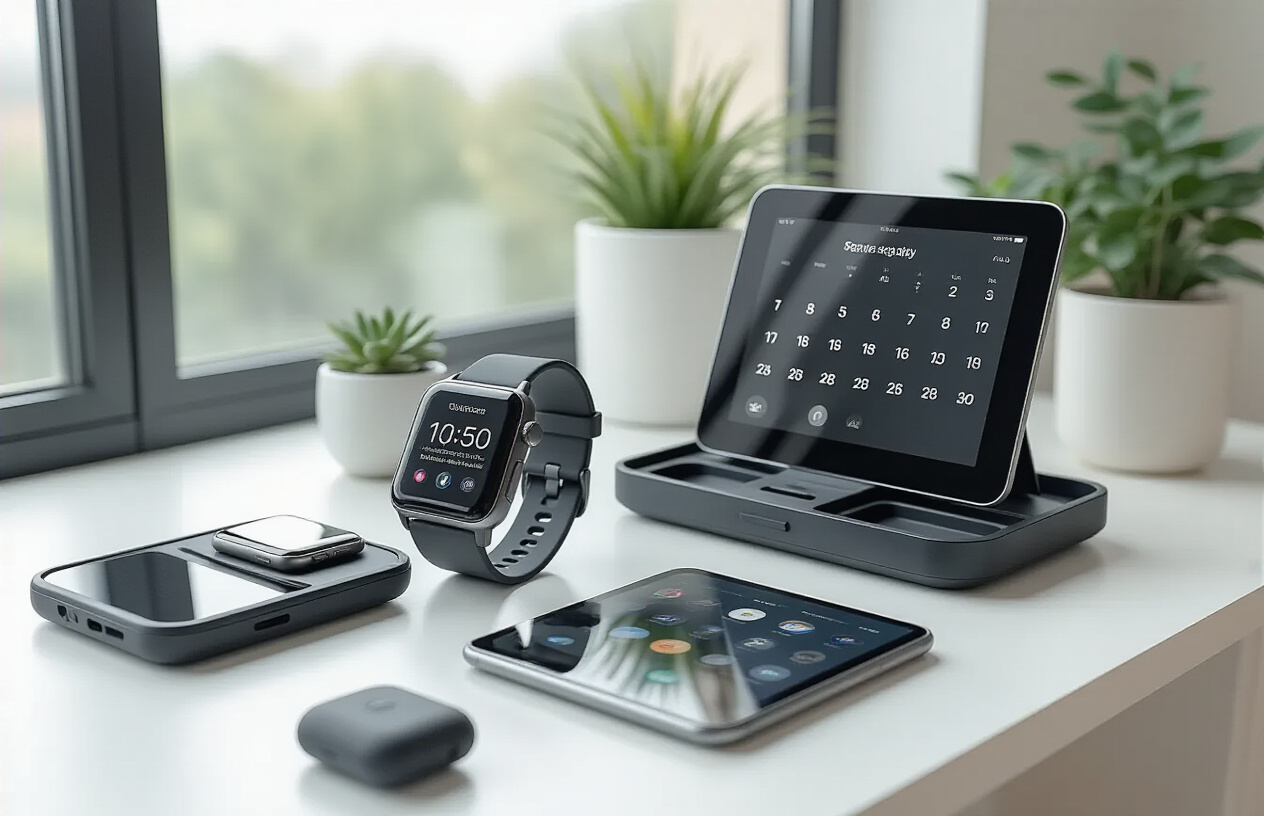 Create a realistic image of a modern organized workspace featuring smart personal organization gadgets including a digital tablet displaying a calendar app, a smartwatch, wireless earbuds in their charging case, a smartphone with productivity apps visible on screen, and a sleek desk organizer with compartments, all arranged neatly on a clean white desk surface with soft natural lighting from a window, creating a productive and efficient atmosphere that emphasizes time-saving technology for daily routine management, absolutely NO text should be in the scene.