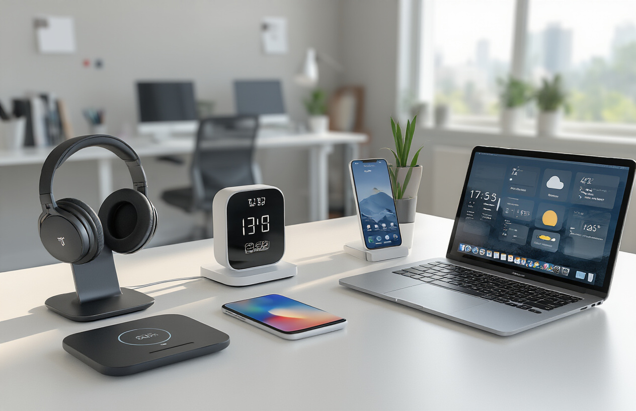 Create a realistic image of a modern office desk setup featuring multiple smart workplace gadgets including a wireless charging pad with a smartphone, a smart speaker, an ergonomic laptop stand with an open laptop, a digital desk clock displaying time and weather, noise-canceling headphones, and a tablet with productivity apps, all arranged neatly on a clean white desk with natural lighting from a nearby window, professional office environment with blurred background showing other workstations, warm and productive atmosphere, absolutely NO text should be in the scene.