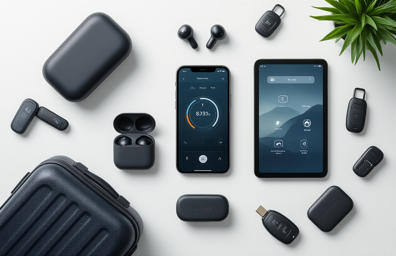 Create a realistic image of modern transportation and travel gadgets arranged on a clean white surface, featuring a smartphone with GPS navigation app, wireless earbuds in their charging case, a portable phone charger power bank, a compact luggage tracker device, smart car keys, and a tablet showing travel apps, with soft natural lighting from above creating subtle shadows, shot from a slightly elevated angle to showcase all gadgets clearly, with a minimalist background and contemporary tech aesthetic, absolutely NO text should be in the scene.