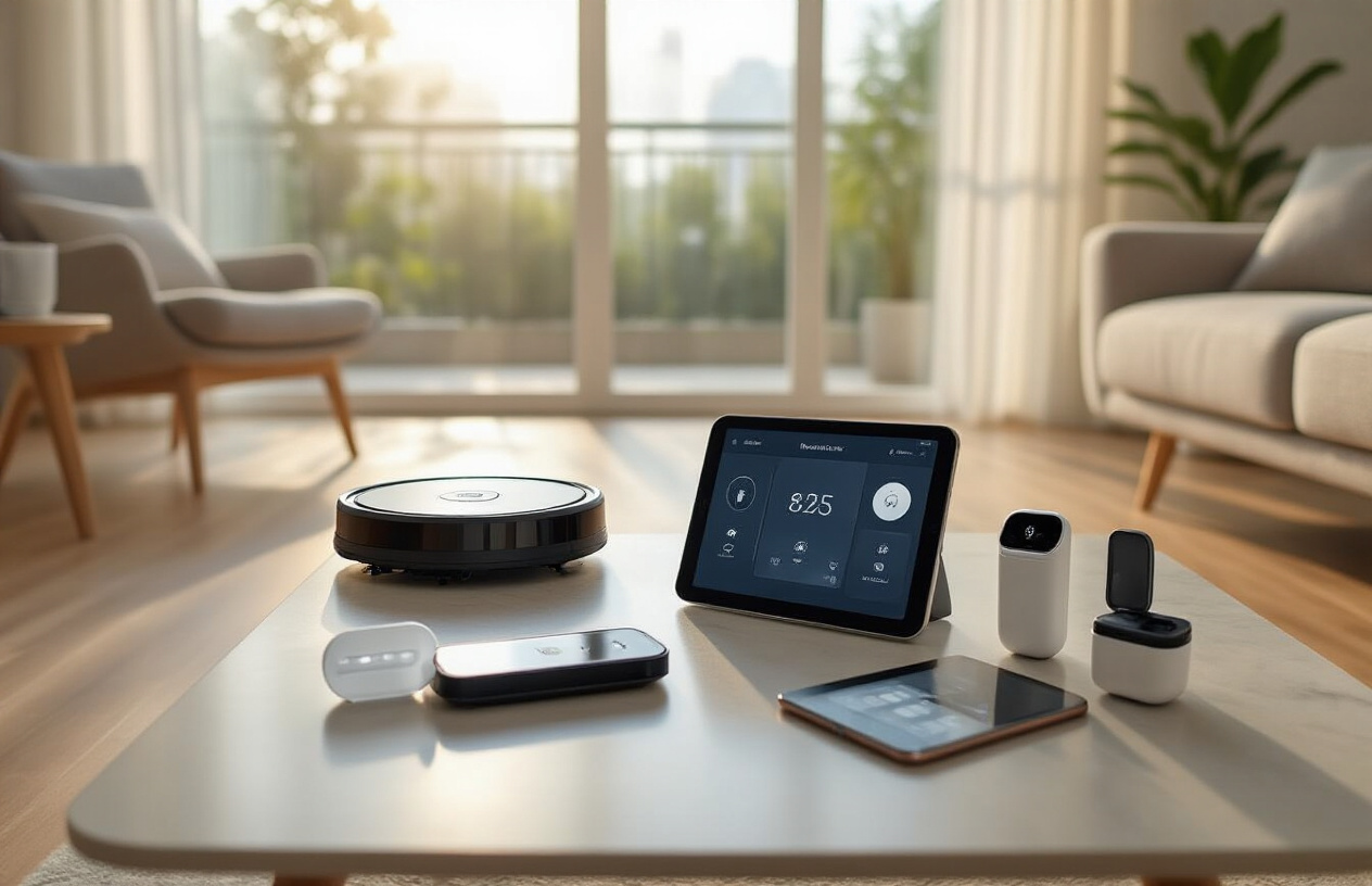 Create a realistic image of a modern, organized living space showcasing various smart gadgets including a robotic vacuum cleaner on hardwood floors, a smart tablet displaying home automation controls on a sleek coffee table, wireless earbuds in their charging case, a smartwatch, and a smartphone with productivity apps visible on screen, all arranged in a clean, minimalist room with soft natural lighting streaming through large windows, creating a calm and efficient atmosphere that conveys time-saving technology integration, with warm neutral tones and contemporary furniture in the background. Absolutely NO text should be in the scene.