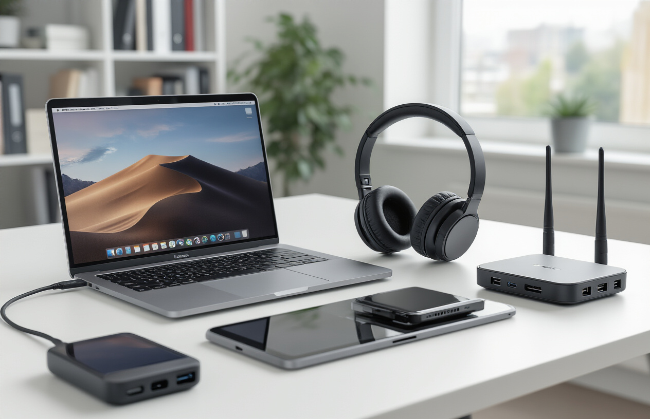 Create a realistic image of a modern office desk setup featuring essential communication and connectivity gadgets including a sleek laptop computer, wireless headphones, a smartphone, a tablet, wireless earbuds in their charging case, a USB-C hub with multiple ports, ethernet cables, and a wireless router, all arranged neatly on a clean white desk surface with soft natural lighting from a nearby window, contemporary office environment in the background with blurred bookshelves, professional and organized atmosphere. Absolutely NO text should be in the scene.