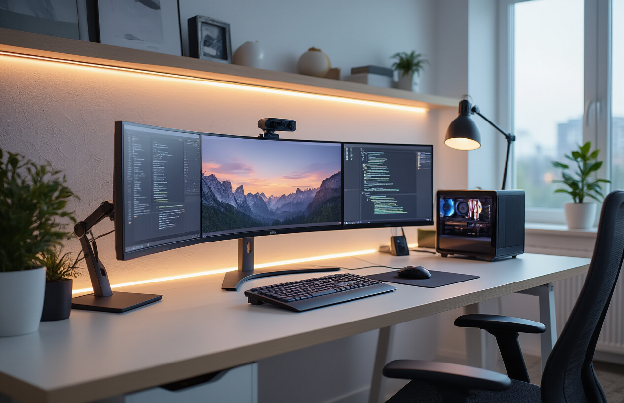Create a realistic image of a modern office desk setup featuring multiple high-quality monitors including an ultrawide curved display and dual side monitors, a sleek laptop with external display connection, premium wireless keyboard and mouse, adjustable monitor arms, ambient LED lighting strips behind the monitors creating a soft glow, professional webcam mounted on top of main monitor, stylish desk lamp with adjustable brightness, clean white or dark wooden desk surface, cable management solutions keeping wires organized, contemporary office chair partially visible, soft natural lighting from a nearby window complementing the setup, neutral office background with minimal decor, creating a professional and productive workspace atmosphere, absolutely NO text should be in the scene.