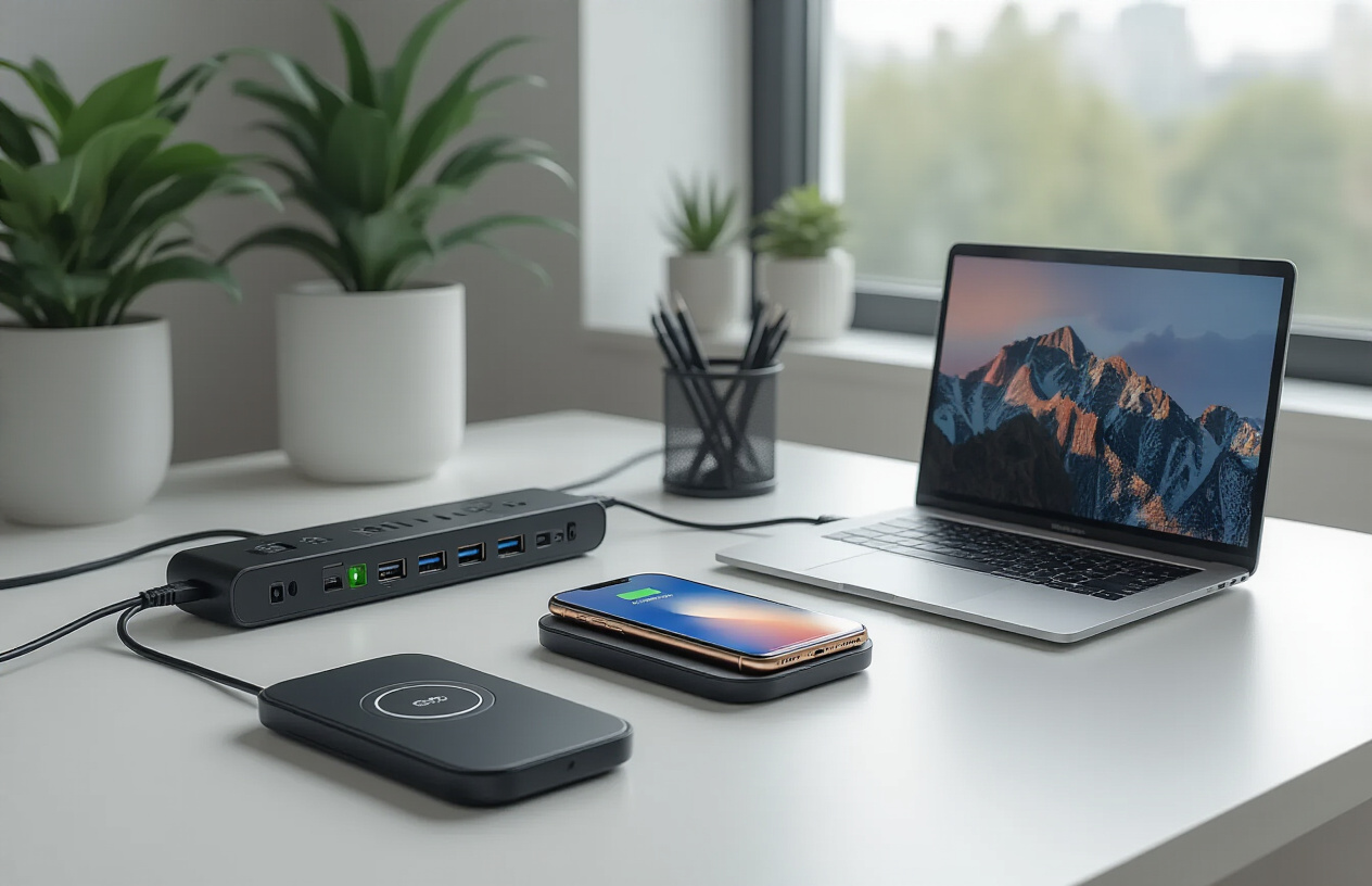 Create a realistic image of a modern office desk setup featuring various power management and charging innovations including a wireless charging pad with a smartphone placed on it, a multi-port USB charging station with several cables connected, a sleek power strip with USB ports, and a laptop docking station, all arranged on a clean white desk surface with soft natural lighting from a nearby window, creating a professional and organized workspace atmosphere, absolutely NO text should be in the scene.