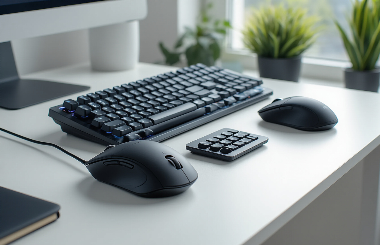 Create a realistic image of modern input devices for computers arranged on a clean white office desk, featuring a wireless ergonomic mouse, mechanical keyboard with backlit keys, graphics tablet with stylus, and a sleek touchpad, with soft natural lighting from a nearby window creating gentle shadows, shot from a slightly elevated angle to showcase all devices clearly, in a bright modern office environment with blurred background elements. Absolutely NO text should be in the scene.
