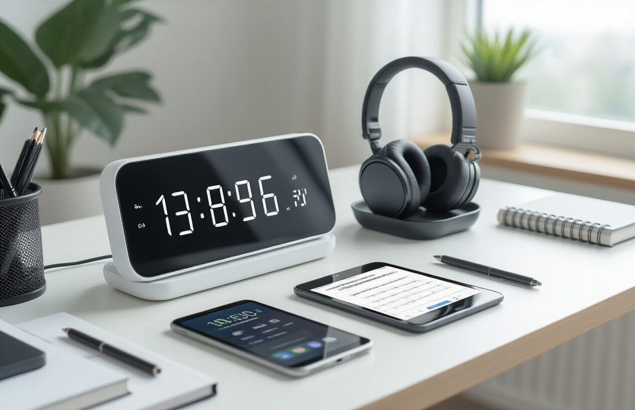 Create a realistic image of a modern office desk setup featuring organization and time management gadgets including a sleek digital desk clock, smartphone with calendar app visible on screen, wireless charging pad, desk organizer with compartments holding pens and cables, a tablet displaying a scheduling interface, noise-canceling headphones, and a smart planner, all arranged neatly on a clean white or light wood desk surface with soft natural lighting from a nearby window, professional office environment in the background, absolutely NO text should be in the scene.