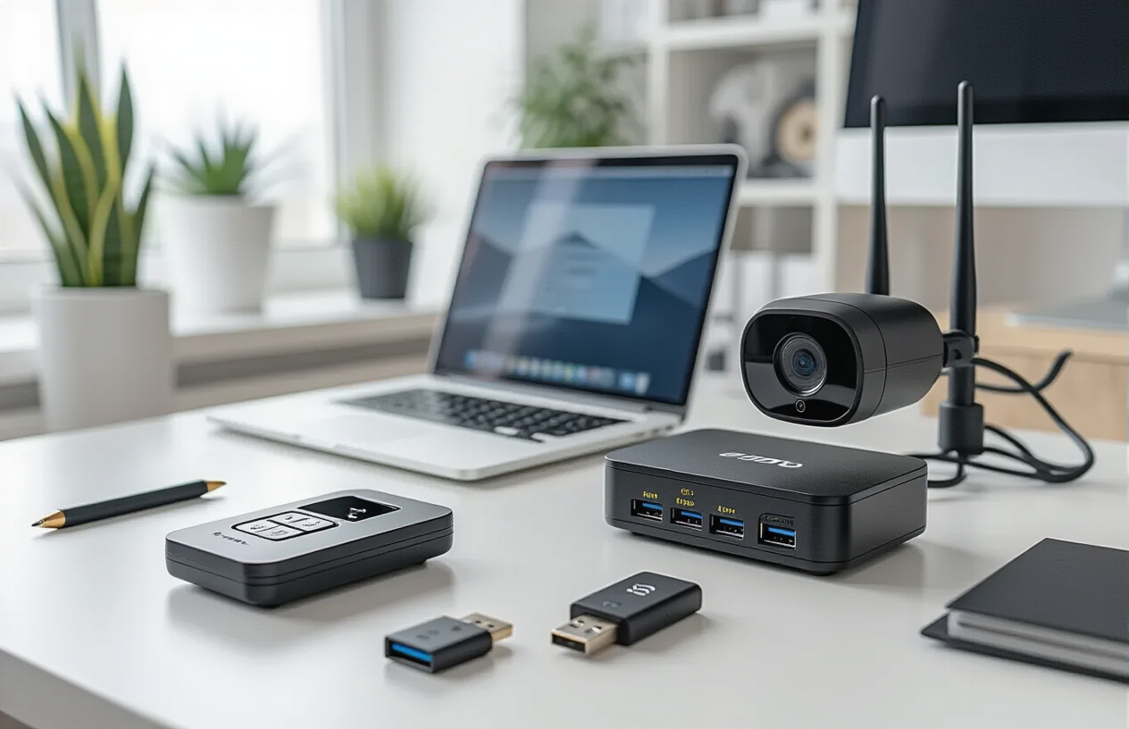 Create a realistic image of a modern office desk setup featuring essential security hardware including a fingerprint scanner, USB security key, external encrypted hard drive, security camera, and firewall router device, arranged neatly on a clean white desk surface with soft natural lighting from a nearby window, professional office environment in the background, absolutely NO text should be in the scene.